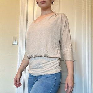 WHBM Tan Pinstripe Lattice-Back Blouse S